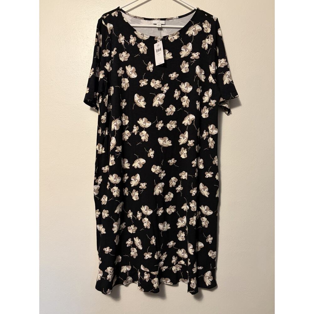 New J. Jill Black Floral Knit Dress Size Large With Pockets Ruffle Hem Detail